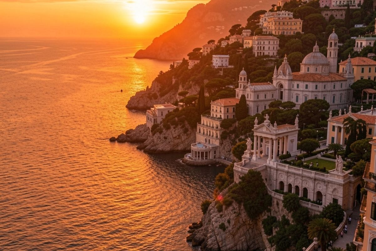 Panoramica al tramonto su Capri, con la Certosa di San Giacomo e i Giardini di Augusto, atmosfera rilassata e colori caldi